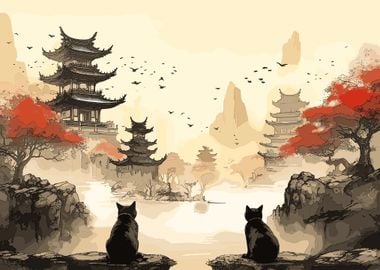 cat japanese landscape