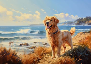 Golden retriever on the be