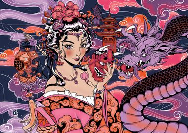 Japan Geisha Dragon Anime