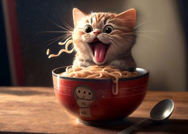 Funny cat eating ramen