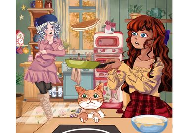 Anime girl morning kitchen