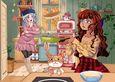 Anime girl morning kitchen