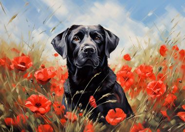 Black Labrador in poppies