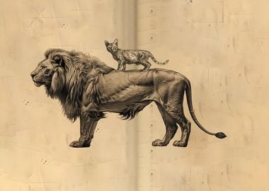 Cat Riding Lion Vintage