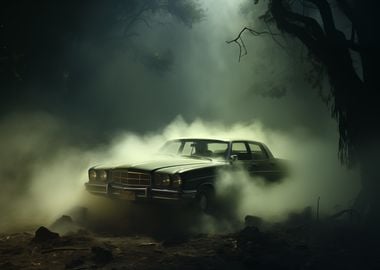 Classic car in fog