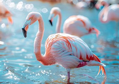 Flamingos wade