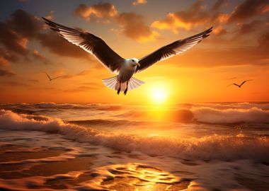 Golden sunset with seagull