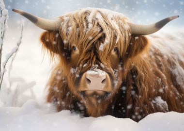 Portrait Highland cow snow