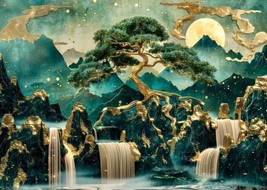 Golden Bonsai Falls Art