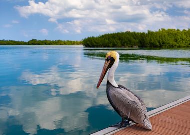 A pelican sits on the pier