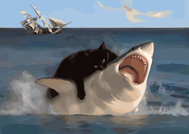 cat biting shark humorous