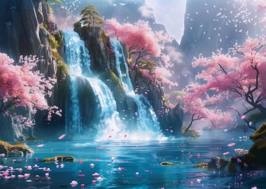 Sakura Trees And Waterfall