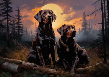 Chocolate Labradors at Sunset