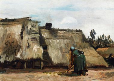 A peasant woman digging in front of her cottage