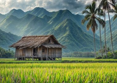 Wooden Hut in Rice Field