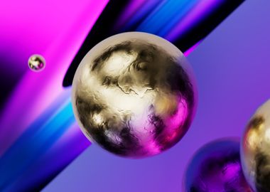 Floating Gold Spheres in Futuristic Space – Abstract Art with Purple and Blue Cosmic Background