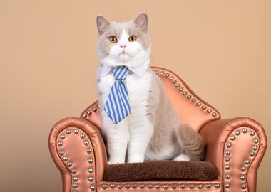 Cat British Short Hair with a tie on a couch