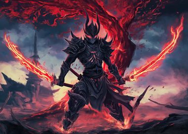 Dark Warrior with Flaming Swords