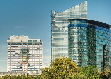 Modern Buildings in Brussels, with Magritte artwork