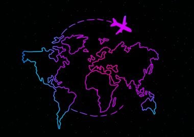 Neon World Map with Airplane