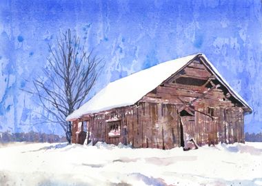 Winter Barn Watercolor