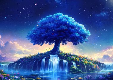 Blue Tree Waterfall Fantasy