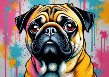 Pug Portrait Colour Burst with Paint Drips