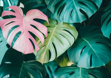 Pink and Green Monstera Leaves