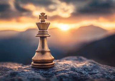 Golden King Chess Piece on Mountain Top