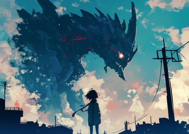 Anime Girl Facing Giant Monster