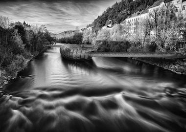 River Flowing around the Murinsel in Graz