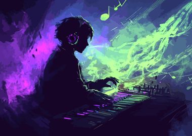 Musician in Neon Glow