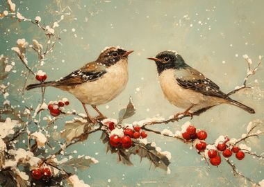 Winter Christmas Birds on Branch