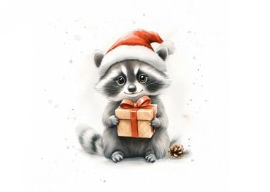 Christmas Raccoon with Gift