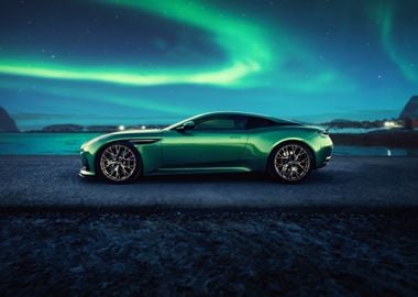 Green Sports Car Under Aurora Borealis