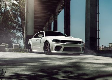 White Dodge Charger Under Bridge