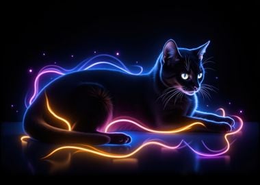 Mystical Black Cat with Neon Lights