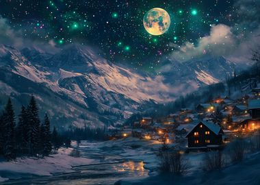 Snowy Village Under Starry Sky