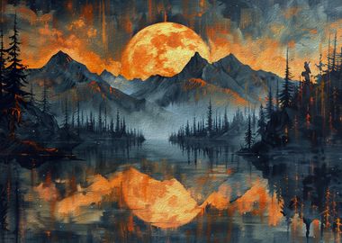 Mountain Lake with Full Moon