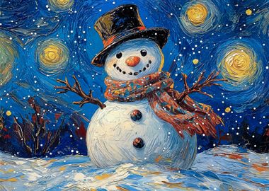 Snowman Under Starry Night