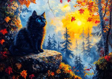 Black Cat in Autumn Forest