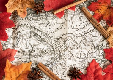 Vintage Map with Autumn Leaves