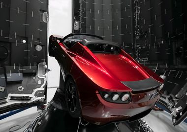 Red Tesla Roadster in Space