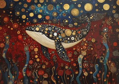 Blue Whale in a Golden Starry Ocean