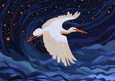 White Stork Gliding in Starry Night Sky