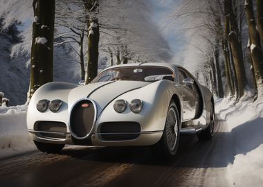 Vintage Bugatti Snowy road