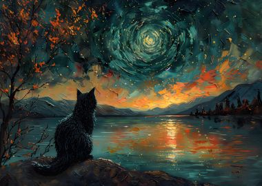 Cat Gazing at Starry Sky