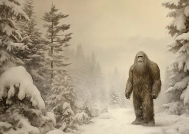 Bigfoot in Snowy Forest Painting