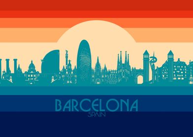 Inspired Walls Barcelona Skyline di Città del Mondo Watercolour Colourful Wall Dã © Cor Poster Stampa Artistica 