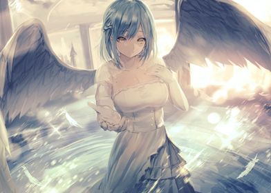 anime girl with short blue hair and wings